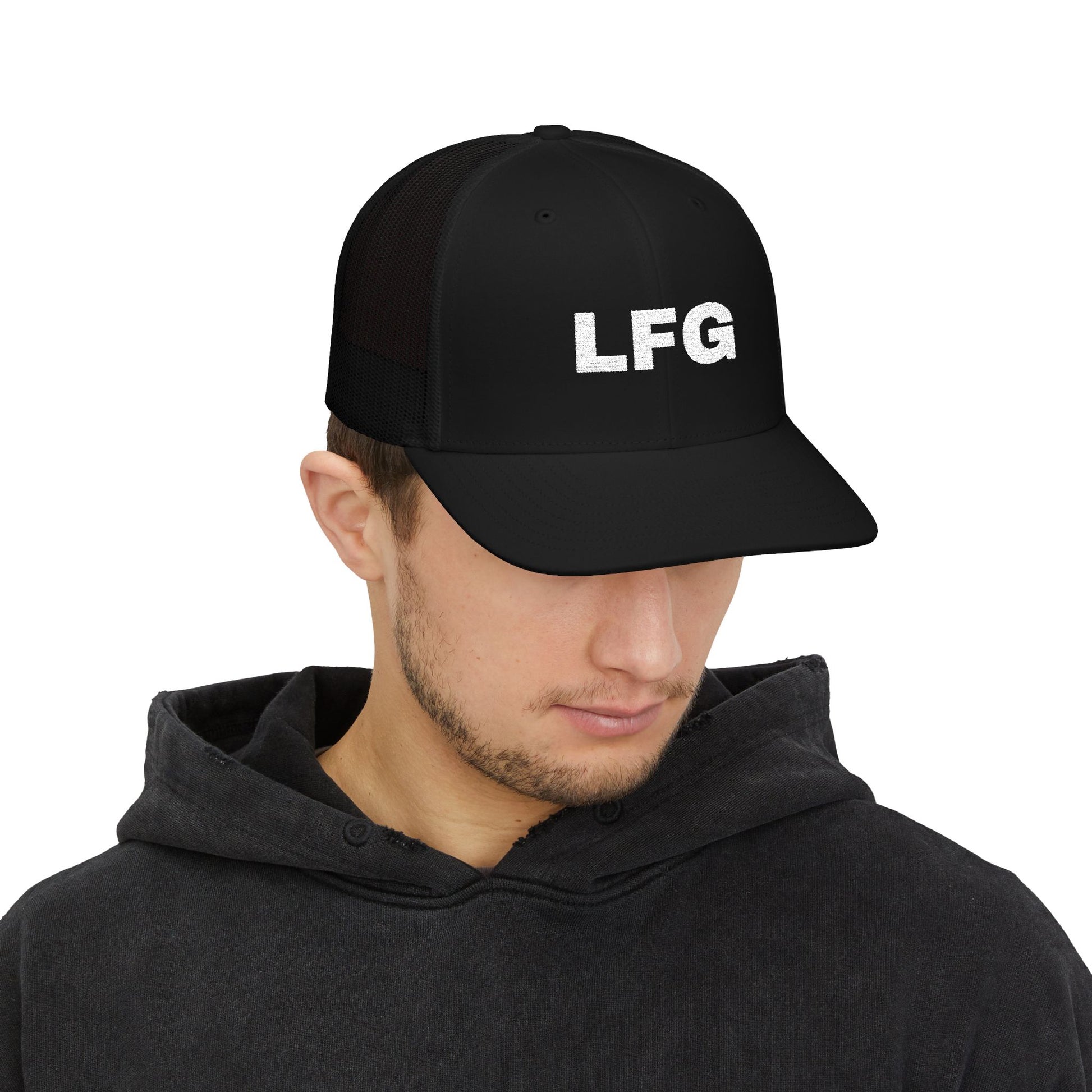 LFG Embroidered Trucker Hat - Bold, Distressed Stitch, Unisex Adventure Cap for Rebels & Free Spirits  different embroidery styles  other adventure gear  more catchy title